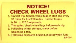 Decal - "Check Wheel Lugs" - 1-1/2" x 3"
