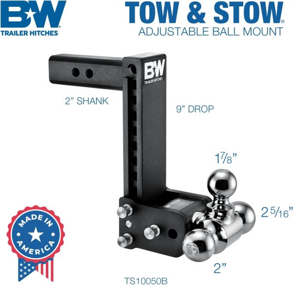 B&W Tow & Stow Hitch Tri-Ball Mount - 9" drop, 2" shank